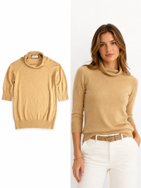 Philosophy Sweaters - Philosophy Ribbed Mock Neck Sweater Tan Knit 3/4 Sleeve Size XS